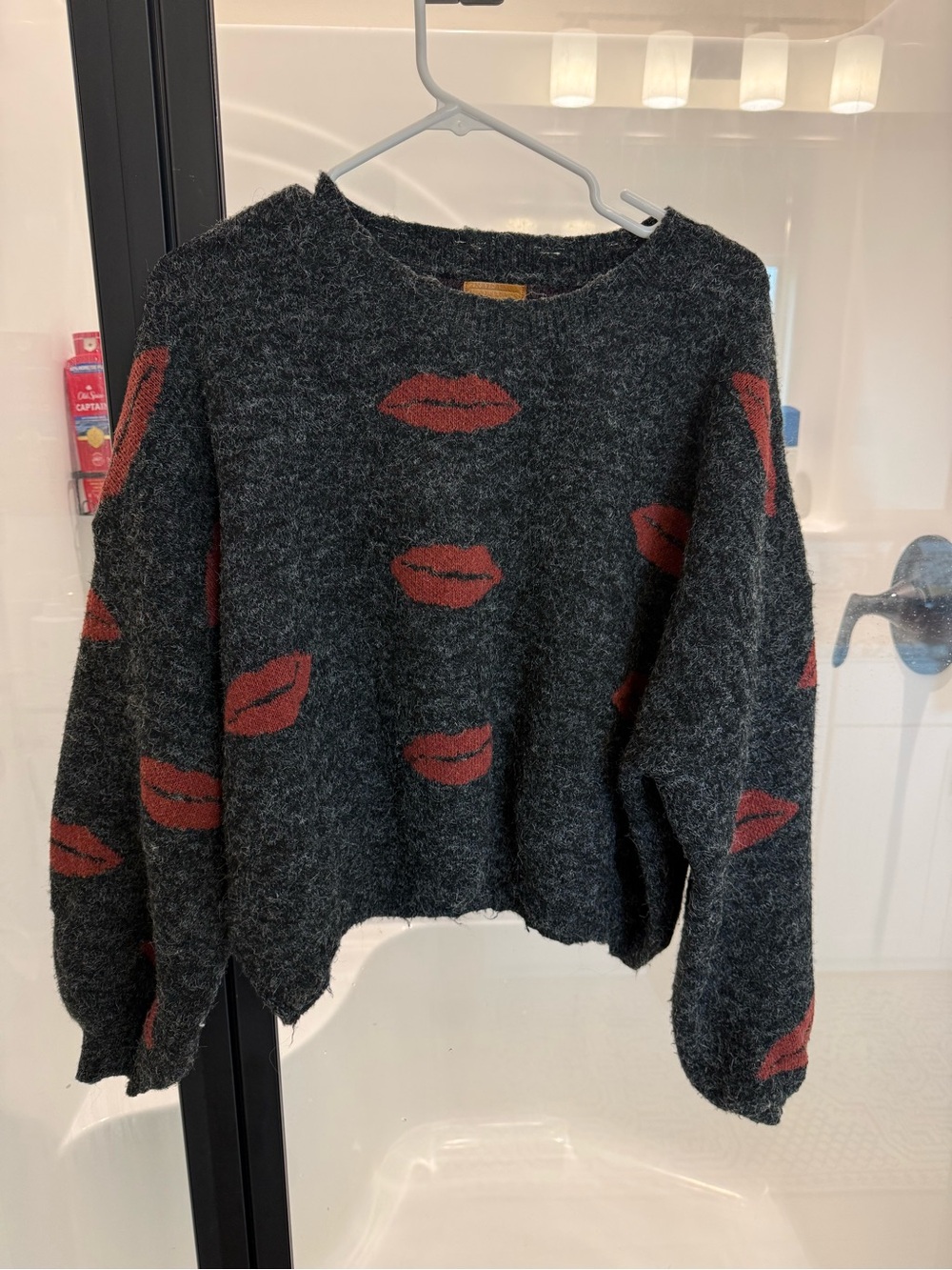 POL Charcoal Crewneck Sweater with Red Lip Motif